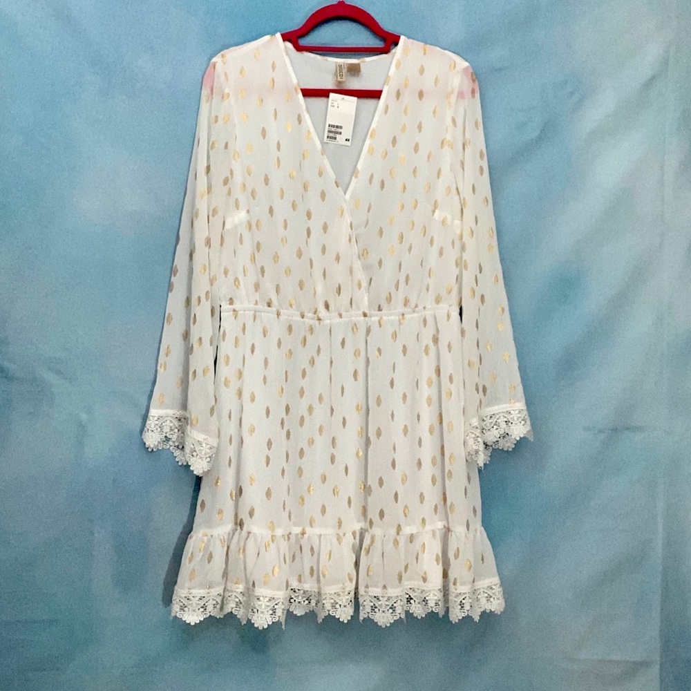 White & Gold Lace-trimmed Chiffon Dress - Picture 1 of 2